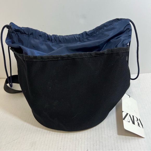 Zara Blue & Black Nylon Crossbody Drawstring Bucket Bag NEW - Picture 9 of 14